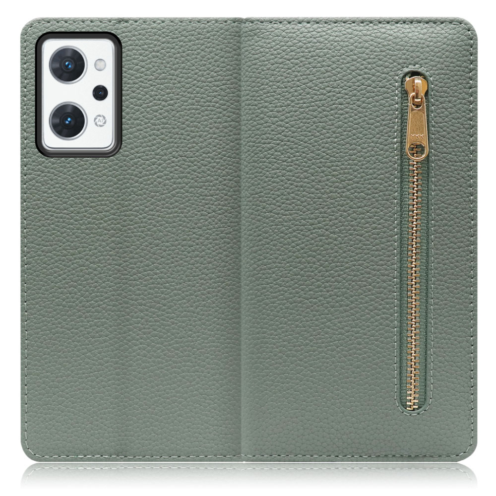 LOOF Pocket Series OPPO Reno7 A 用[ダルグリーン] 厳選本革 カード収納付き ベルト無し ファスナー ポケット付き 手帳型ケース