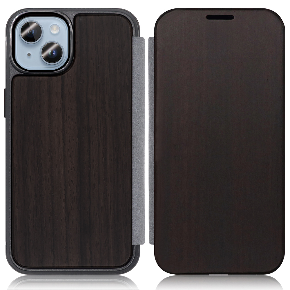 LOOF Nature Premium Fit iPhone 14 用 [黒檀] 天然木 手帳型ケース 背面 ケース カバー ハードケース 背面カバー 木製 ウッドケース 本革 マグネット無し 薄い 軽い カード収納 スピーカーホール コンパクト シンプル