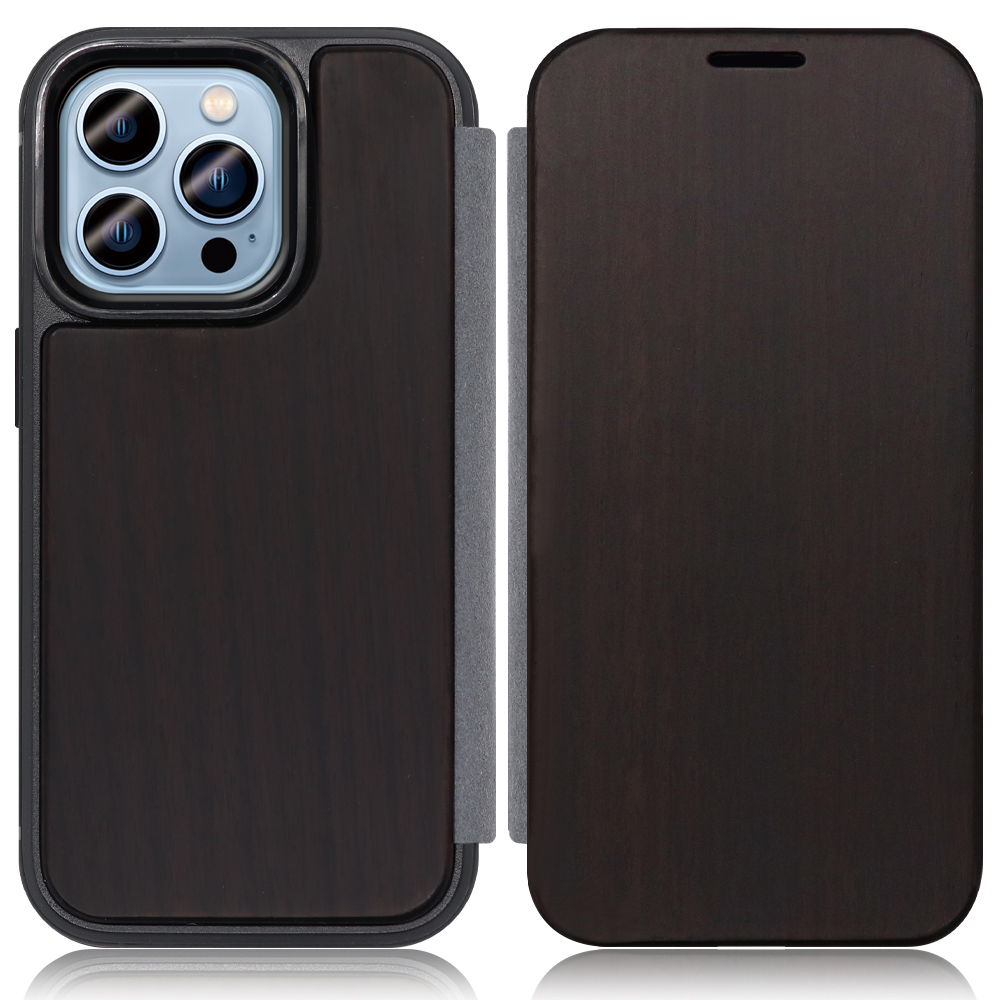 LOOF Nature Premium Fit iPhone 14 Pro 用 [黒檀] 天然木 手帳型ケース 背面 ケース カバー ハードケース 背面カバー 木製 ウッドケース 本革 マグネット無し 薄い 軽い カード収納 スピーカーホール コンパクト シンプル