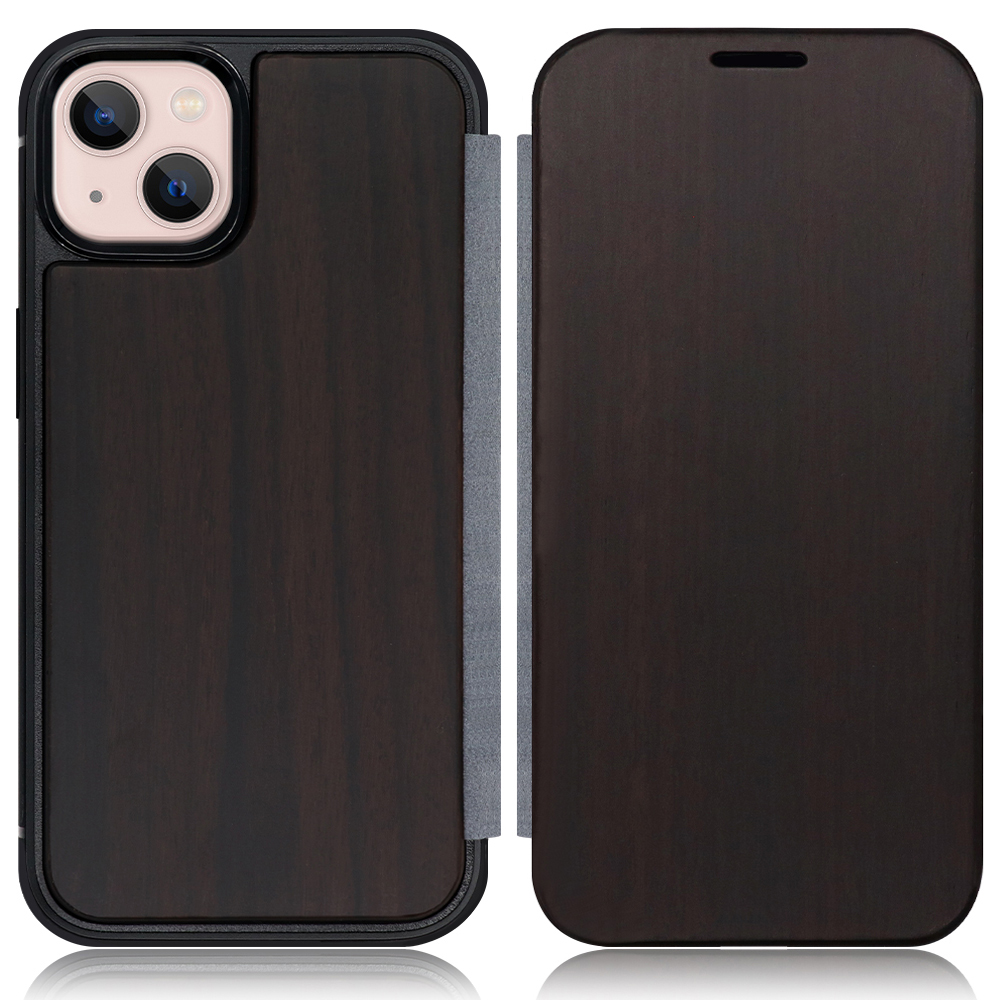 LOOF Nature Premium Fit iPhone 13 用 [黒檀] 天然木 手帳型ケース 背面 ケース カバー ハードケース 背面カバー 木製 ウッドケース 本革 マグネット無し 薄い 軽い カード収納 スピーカーホール コンパクト シンプル