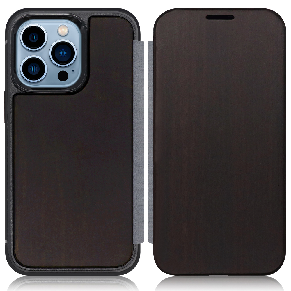 LOOF Nature Premium Fit iPhone 13 Pro 用 [黒檀] 天然木 手帳型ケース 背面 ケース カバー ハードケース 背面カバー 木製 ウッドケース 本革 マグネット無し 薄い 軽い カード収納 スピーカーホール コンパクト シンプル