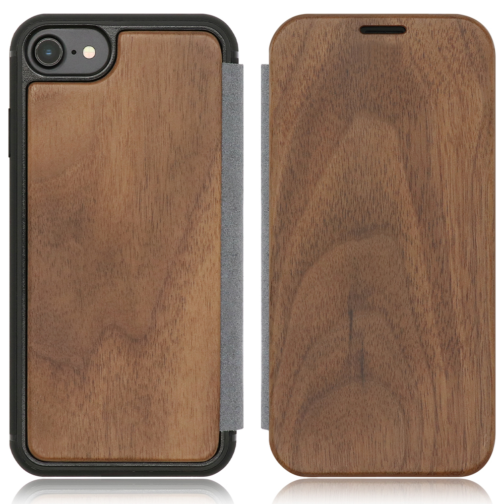 LOOF Nature Premium Fit iPhone 7 / 8 / SE(第2/3世代) 用 [胡桃] 天然木 手帳型ケース 背面 ケース カバー ハードケース 背面カバー 木製 ウッドケース 本革 マグネット無し 薄い 軽い カード収納 スピーカーホール コンパクト シンプル