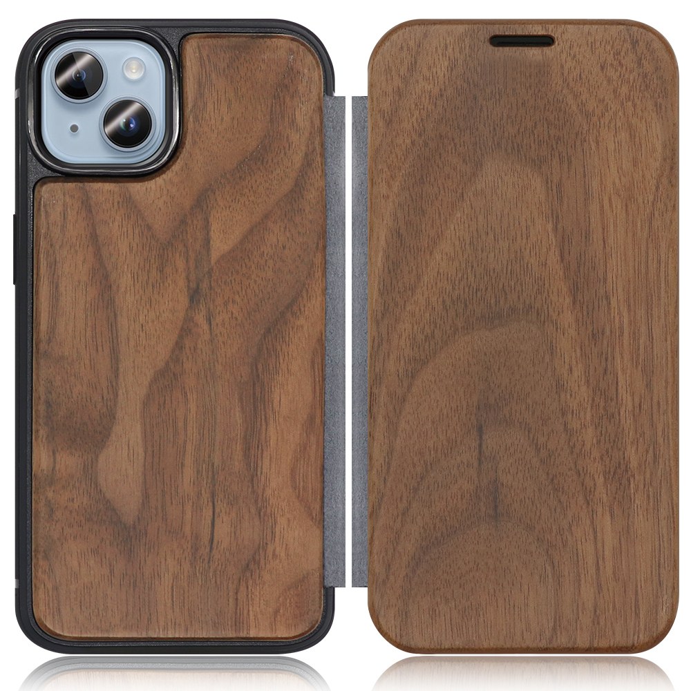 LOOF Nature Premium Fit iPhone 14 用 [胡桃] 天然木 手帳型ケース 背面 ケース カバー ハードケース 背面カバー 木製 ウッドケース 本革 マグネット無し 薄い 軽い カード収納 スピーカーホール コンパクト シンプル