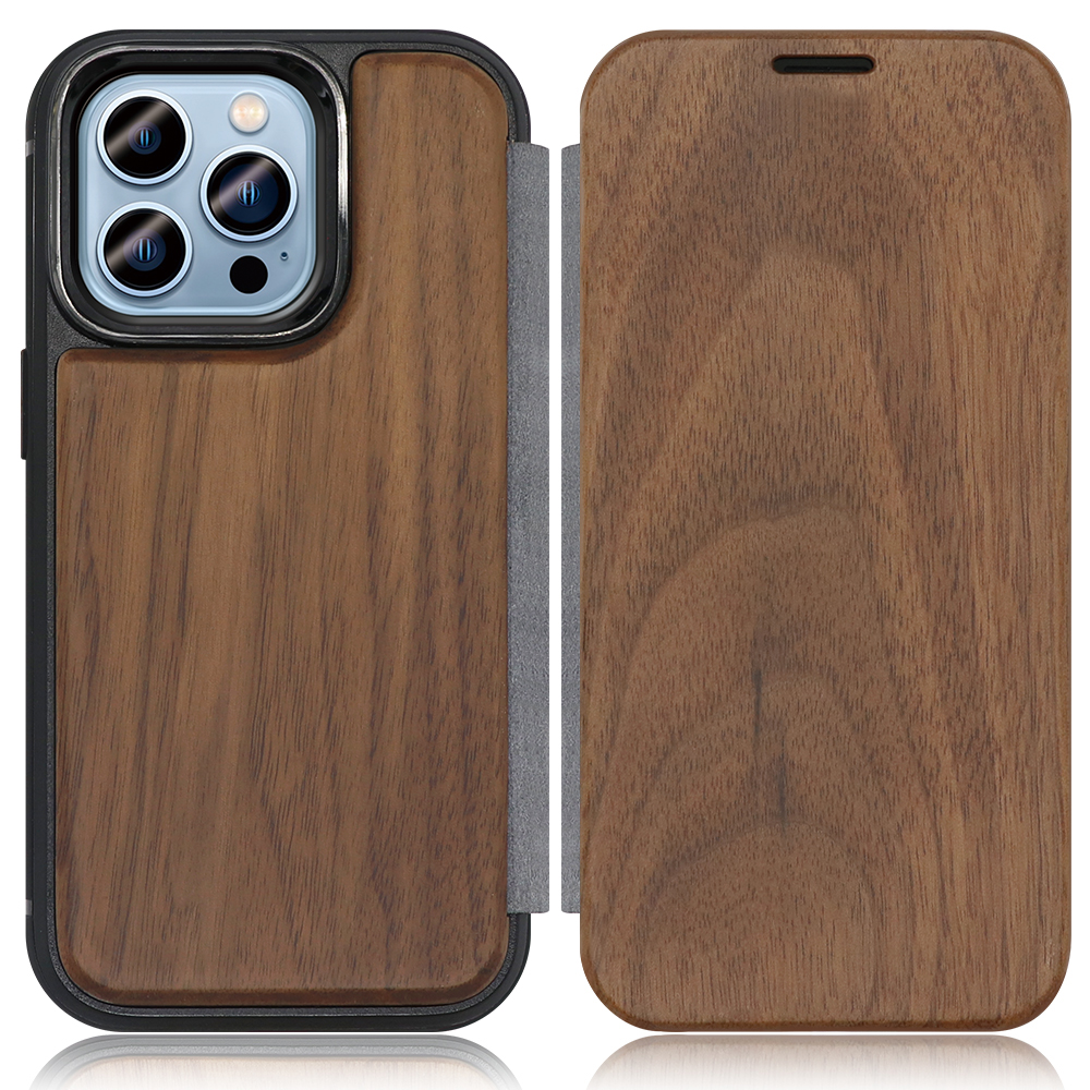 LOOF Nature Premium Fit iPhone 14 Pro 用 [胡桃] 天然木 手帳型ケース 背面 ケース カバー ハードケース  背面カバー 木製 ウッドケース 本革 マグネット無し 薄い 軽い カード収納 スピーカーホール コンパクト シンプル