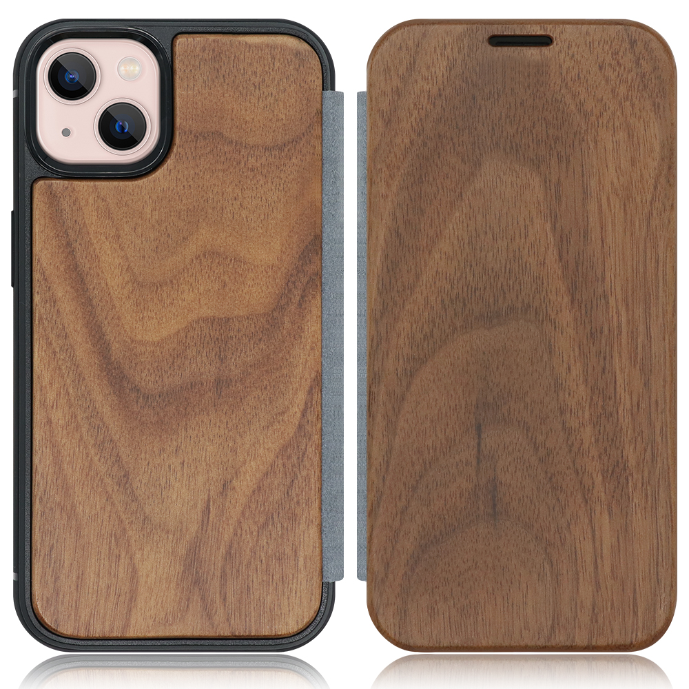 LOOF Nature Premium Fit iPhone 13 用 [胡桃] 天然木 手帳型ケース 背面 ケース カバー ハードケース 背面カバー 木製 ウッドケース 本革 マグネット無し 薄い 軽い カード収納 スピーカーホール コンパクト シンプル