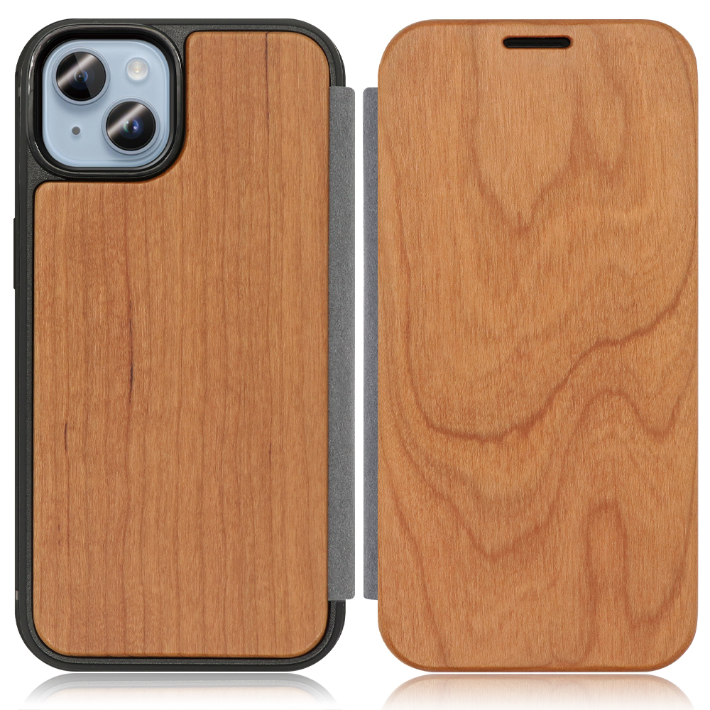 LOOF Nature Premium Fit iPhone 14 用 [桜] 天然木 手帳型ケース 背面 ケース カバー ハードケース 背面カバー 木製 ウッドケース 本革 マグネット無し 薄い 軽い カード収納 スピーカーホール コンパクト シンプル