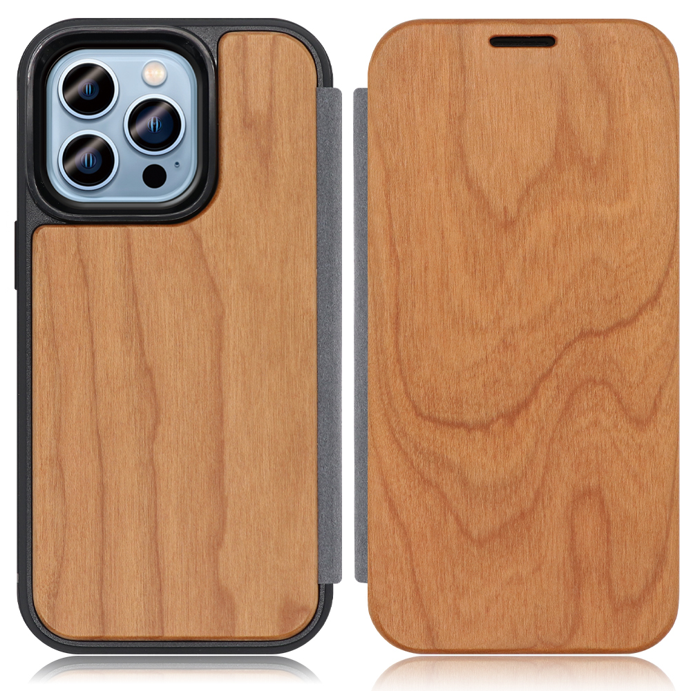 LOOF Nature Premium Fit iPhone 14 Pro 用 [桜] 天然木 手帳型ケース 背面 ケース カバー ハードケース 背面カバー 木製 ウッドケース 本革 マグネット無し 薄い 軽い カード収納 スピーカーホール コンパクト シンプル