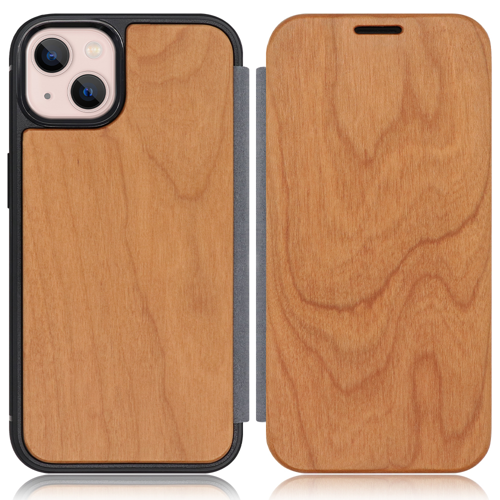 LOOF Nature Premium Fit iPhone 13 用 [桜] 天然木 手帳型ケース 背面 ケース カバー ハードケース 背面カバー 木製 ウッドケース 本革 マグネット無し 薄い 軽い カード収納 スピーカーホール コンパクト シンプル