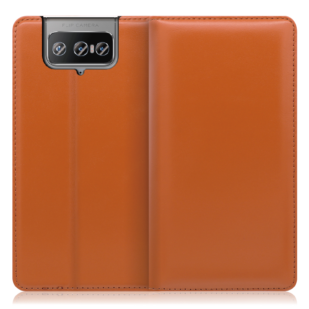 LOOF Simplle Zenfone 8 Flip 用 [オレンジ]本革 マグネット不使用 手帳型ケース カード収納 幅広ポケット ベルトなし