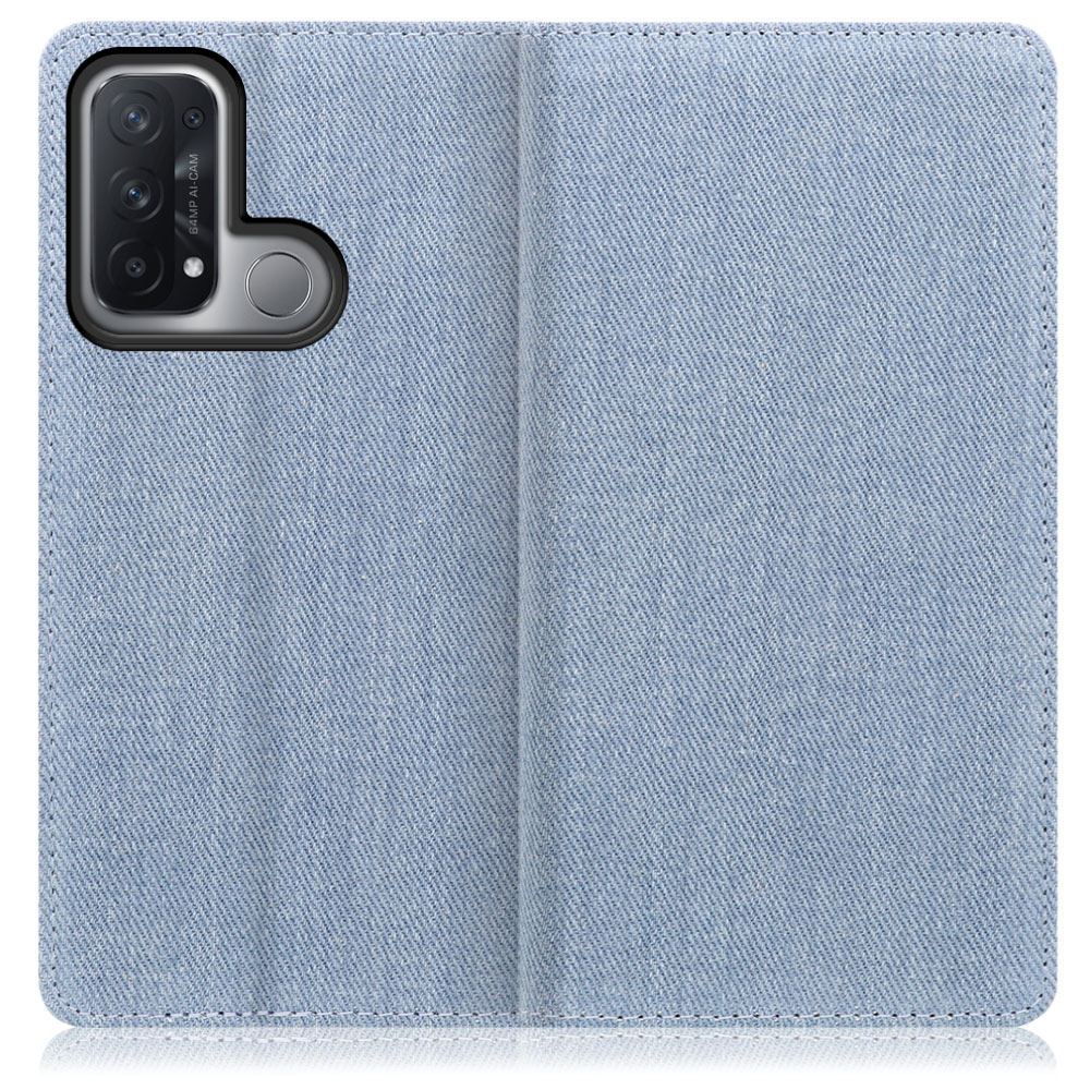 LOOF Denim OPPO Reno5 A 用 [ライトブルー] デニム 手帳型ケース カード収納付き ベルトなし