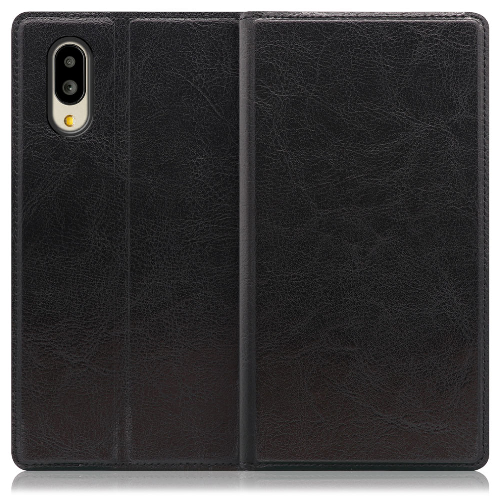 LOOF Solid Series AQUOS シンプルスマホ6 [ブラック] 本革 シンプル 手帳型ケース カード収納 幅広ポケット ベルトなし