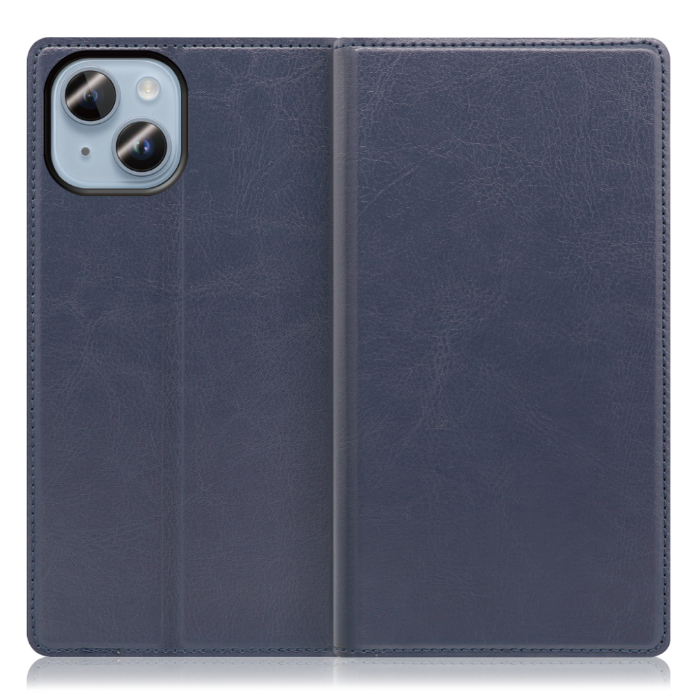 LOOF Solid Series iPhone 14 用 [ネイビー] 本革 シンプル 手帳型ケース カード収納 幅広ポケット ベルトなし