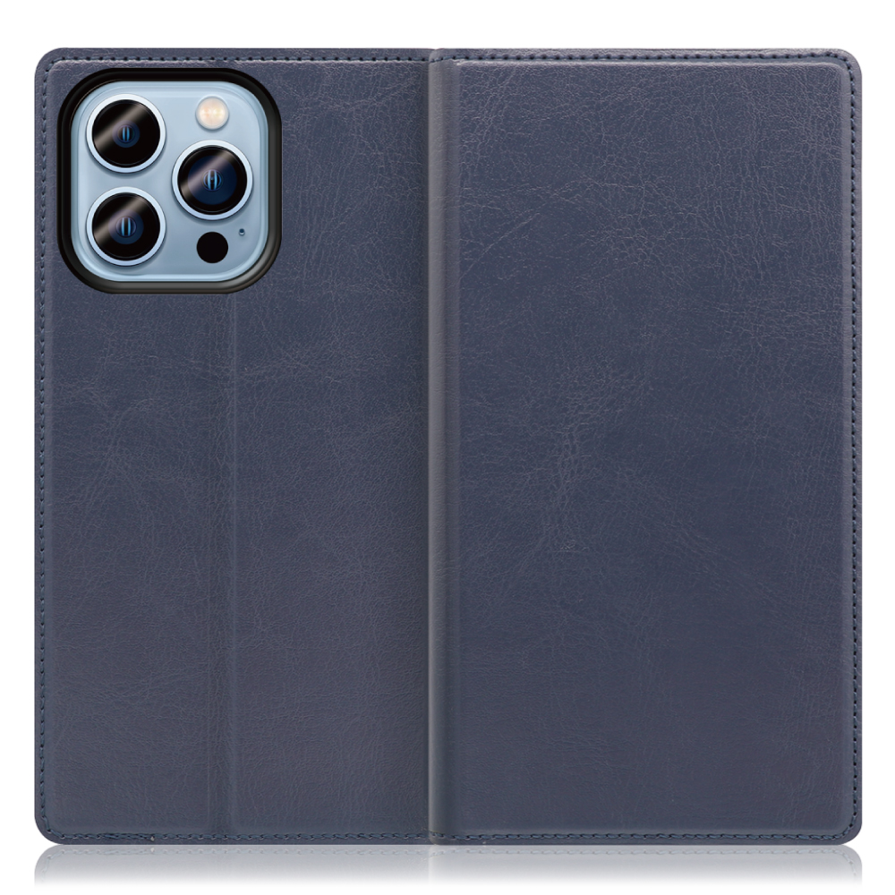 LOOF Solid Series iPhone 14 Pro 用 [ネイビー] 本革 シンプル 手帳型ケース カード収納 幅広ポケット ベルトなし