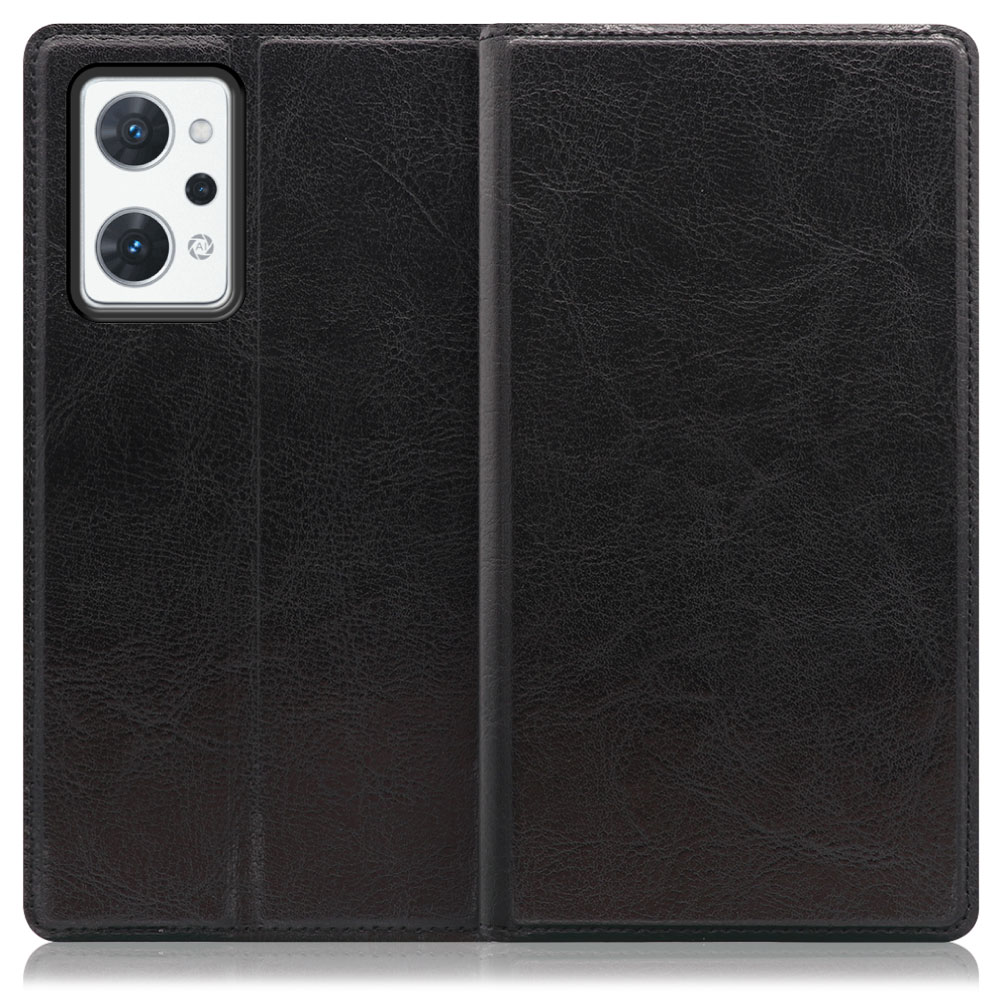 LOOF Solid OPPO Reno7 A 用 [ブラック] 本革 シンプル 手帳型ケース カード収納 幅広ポケット ベルトなし