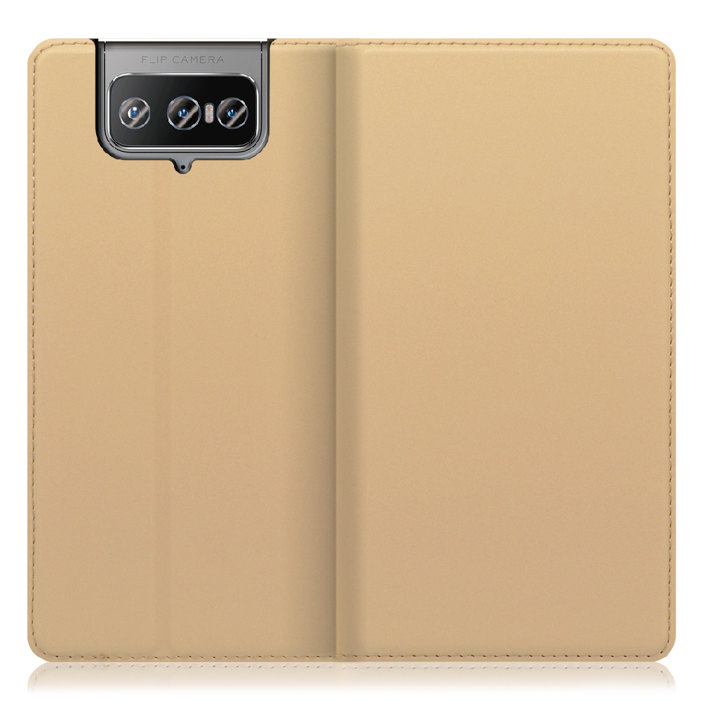 LOOF Skin slim Zenfone 8 Flip 用 [ゴールド] 薄い 軽量 手帳型ケース カード収納 幅広ポケット ベルトなし