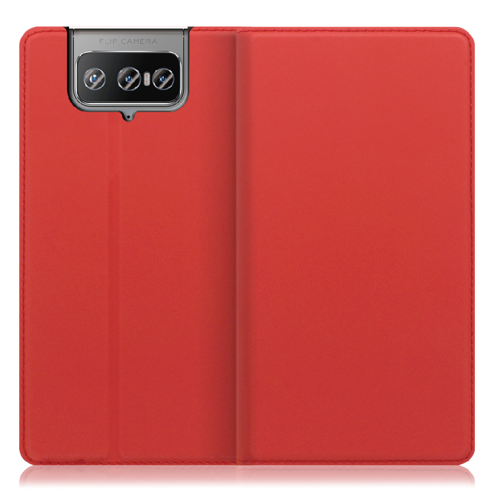 LOOF Skin slim ASUS Zenfone 8 Flip 用 [レッド] 薄い 軽量 手帳型ケース カード収納 幅広ポケット ベルトなし