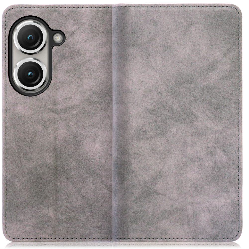 LOOF VINTAGE Series Zenfone 9  用  [グレー]ヴィンテージカラー シンプル 手帳型ケース カード収納 幅広ポケット ベルトなし