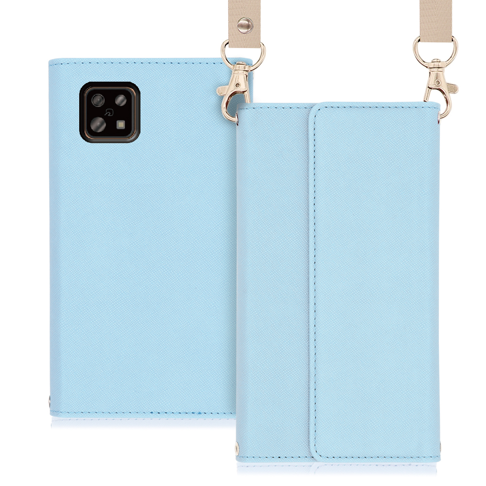 LOOF Strap Series AQUOS sense6 [ブルー] 両手が使える ネックストラップ ショルダー ロングストラップ付きケース カード収納 幅広ポケット