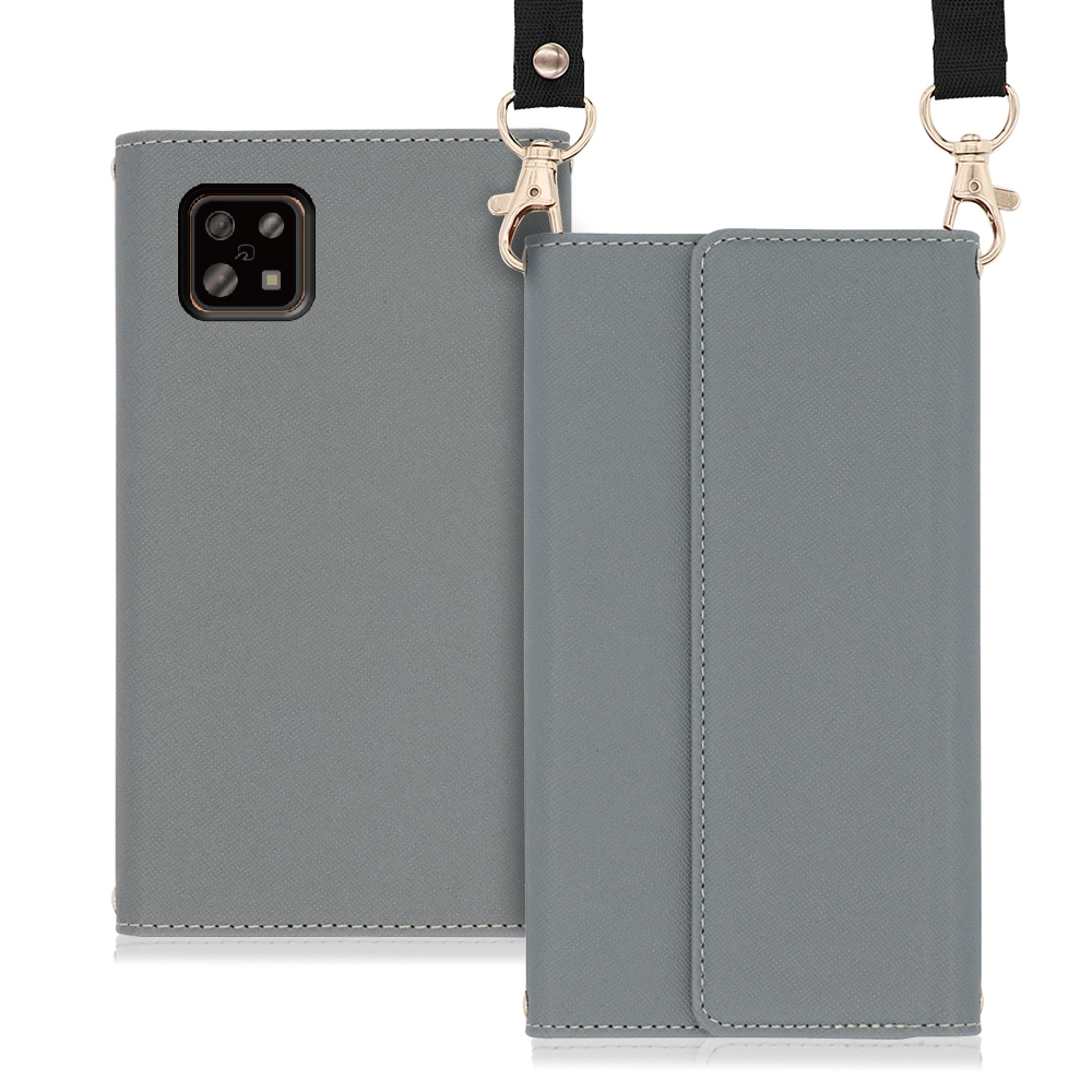 LOOF Strap Series AQUOS sense6 [グレー] 両手が使える ネックストラップ ショルダー ロングストラップ付きケース カード収納 幅広ポケット