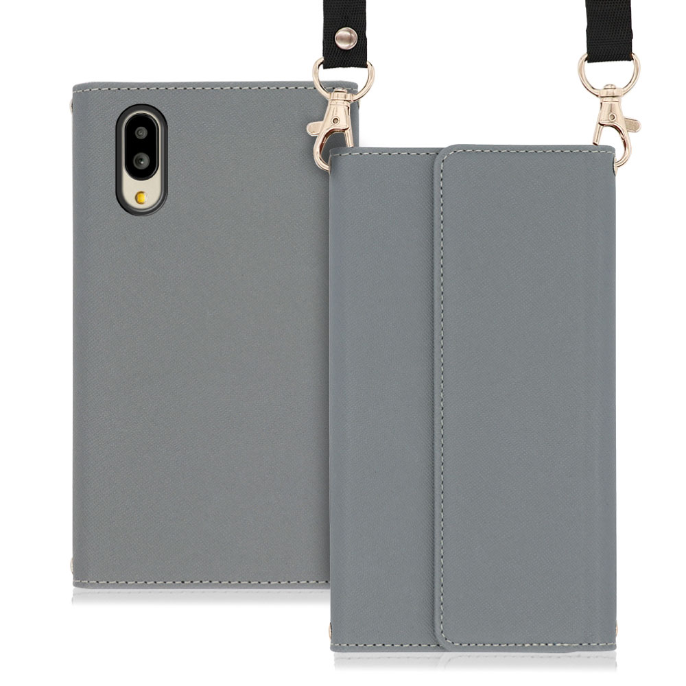 LOOF Strap Series AQUOS シンプルスマホ6 [グレー] 両手が使える ネックストラップ ショルダー ロングストラップ付きケース カード収納 幅広ポケット
