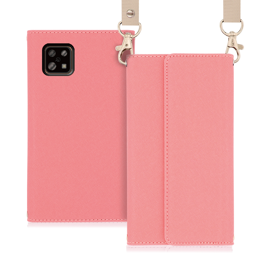 LOOF Strap Series AQUOS sense6 [ピンク] 両手が使える ネックストラップ ショルダー ロングストラップ付きケース カード収納 幅広ポケット