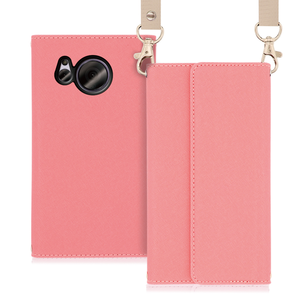 LOOF Strap Series AQUOS sense7 Plus 用 [ピンク] 両手が使える ネックストラップ  手帳型ケース ショルダー ロングストラップ付きケース カード収納 幅広ポケット