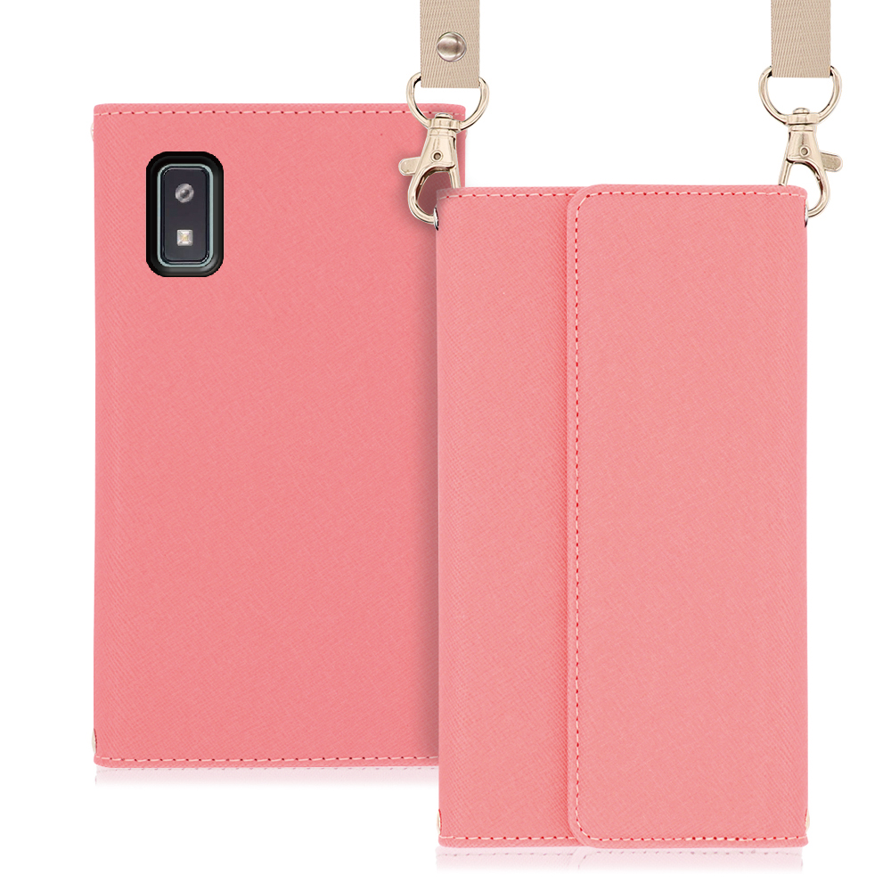 LOOF Strap Series AQUOS wish [ピンク] 両手が使える ネックストラップ ショルダー ロングストラップ付きケース カード収納 幅広ポケット