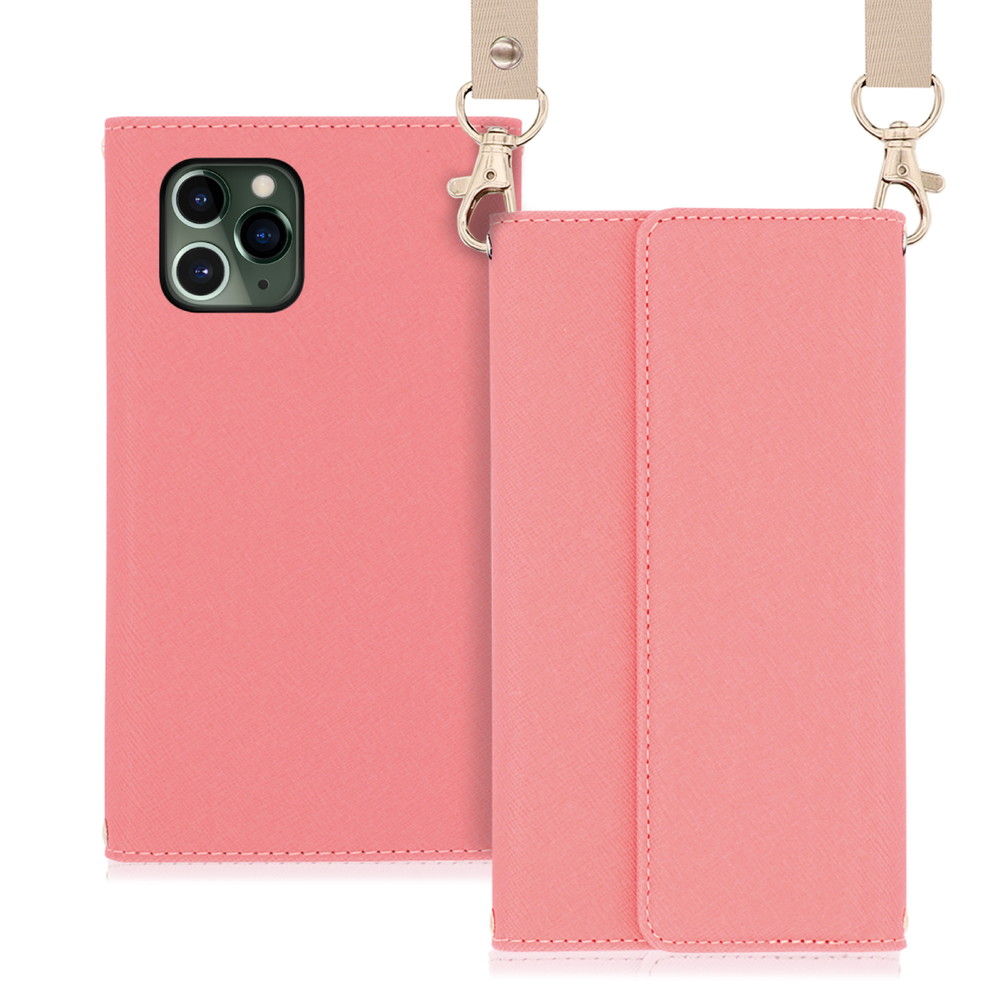 LOOF Strap iPhone 11 Pro 用 [ピンク] 両手が使える ネックストラップ ショルダー ロングストラップ付きケース カード収納  幅広ポケット