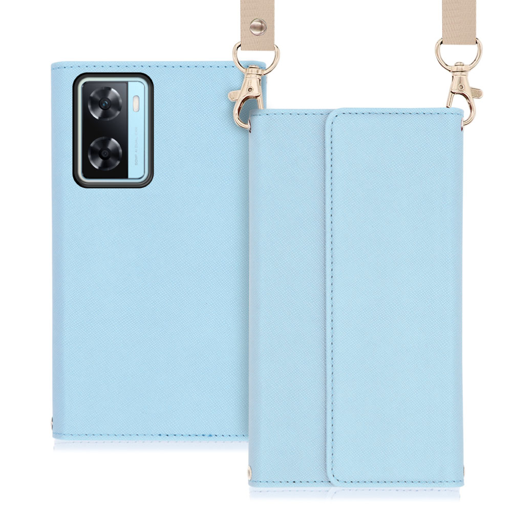 LOOF Strap Series OPPO A77 オッポ 用 [ブルー] 両手が使える ネックストラップ  手帳型ケース ショルダー ロングストラップ付きケース カード収納 幅広ポケット