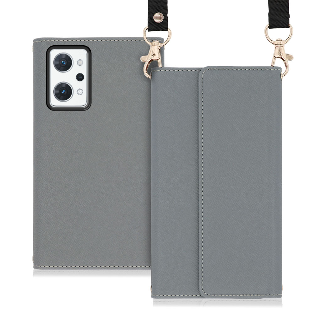 LOOF Strap OPPO Reno7 A 用 [グレー] 両手が使える ネックストラップ ショルダー ロングストラップ付きケース カード収納 幅広ポケット