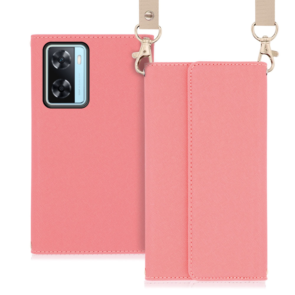 LOOF Strap Series OPPO A77 オッポ 用 [ピンク] 両手が使える ネックストラップ  手帳型ケース ショルダー ロングストラップ付きケース カード収納 幅広ポケット