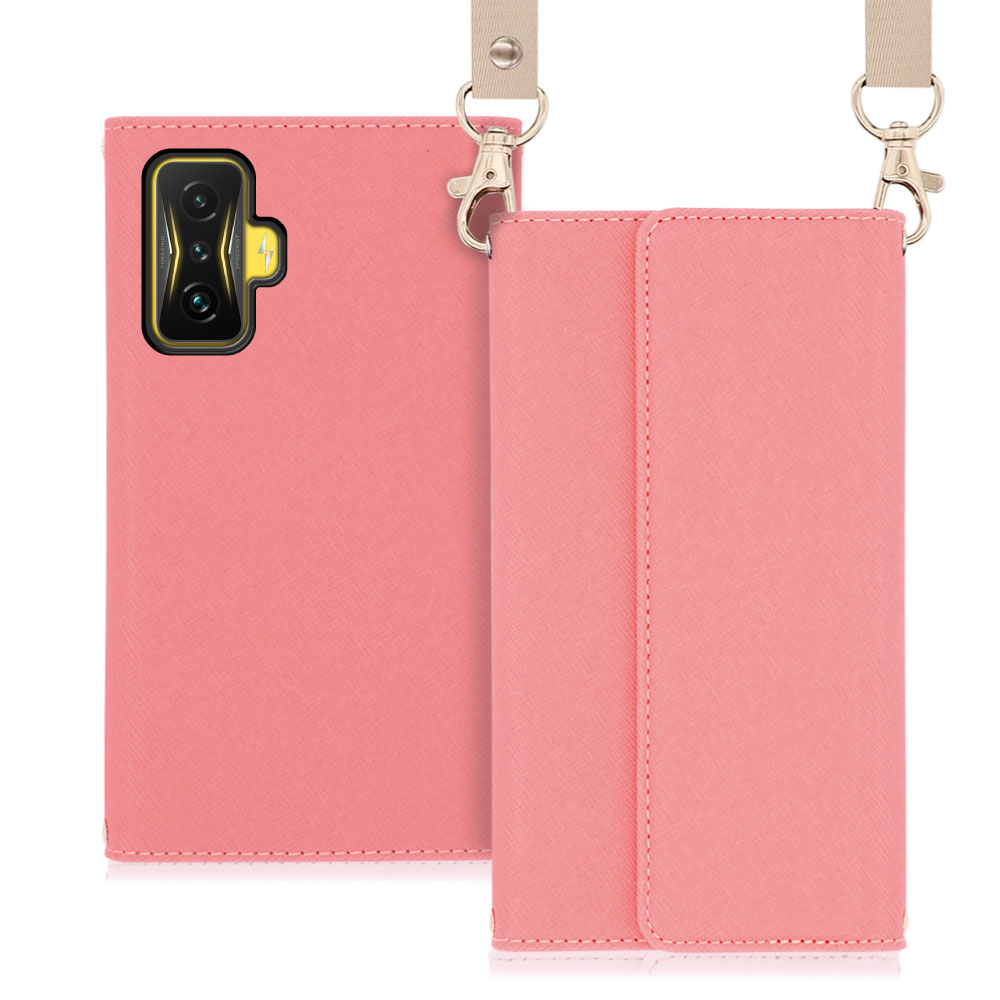 LOOF Strap Series Xiaomi POCO F4 GT 用 [ピンク] 両手が使える ネックストラップ ショルダー ロングストラップ付きケース カード収納 幅広ポケット
