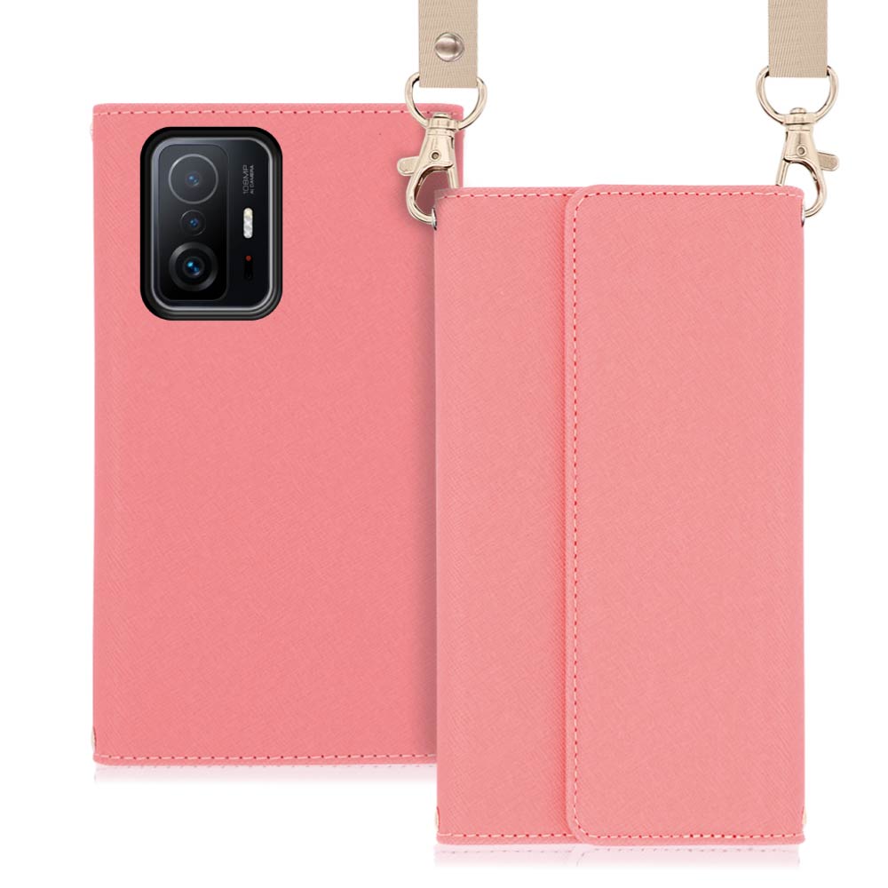 LOOF Strap Series Xiaomi 11T / 11T Pro [ピンク] 両手が使える ネックストラップ ショルダー ロングストラップ付きケース カード収納 幅広ポケット