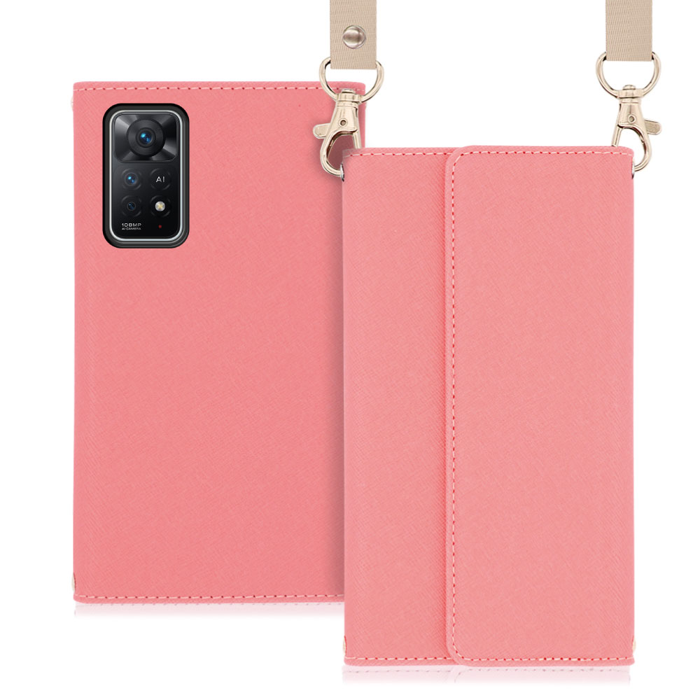 LOOF Strap Xiaomi Redmi Note 11 Pro 5G 用 [ピンク] 両手が使える ネックストラップ ショルダー ロングストラップ付きケース カード収納 幅広ポケット