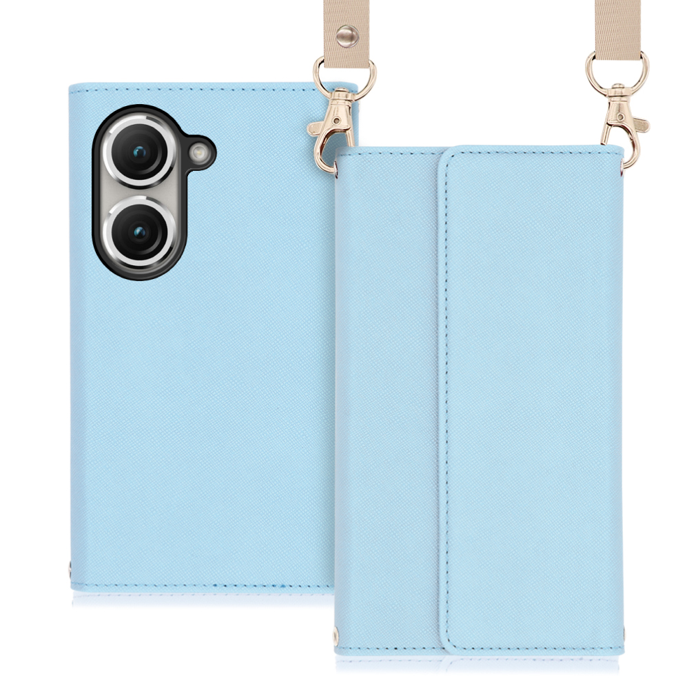 LOOF Strap Series Zenfone 9 用 [ブルー] 両手が使える ネックストラップ  手帳型ケース ショルダー ロングストラップ付きケース カード収納 幅広ポケット