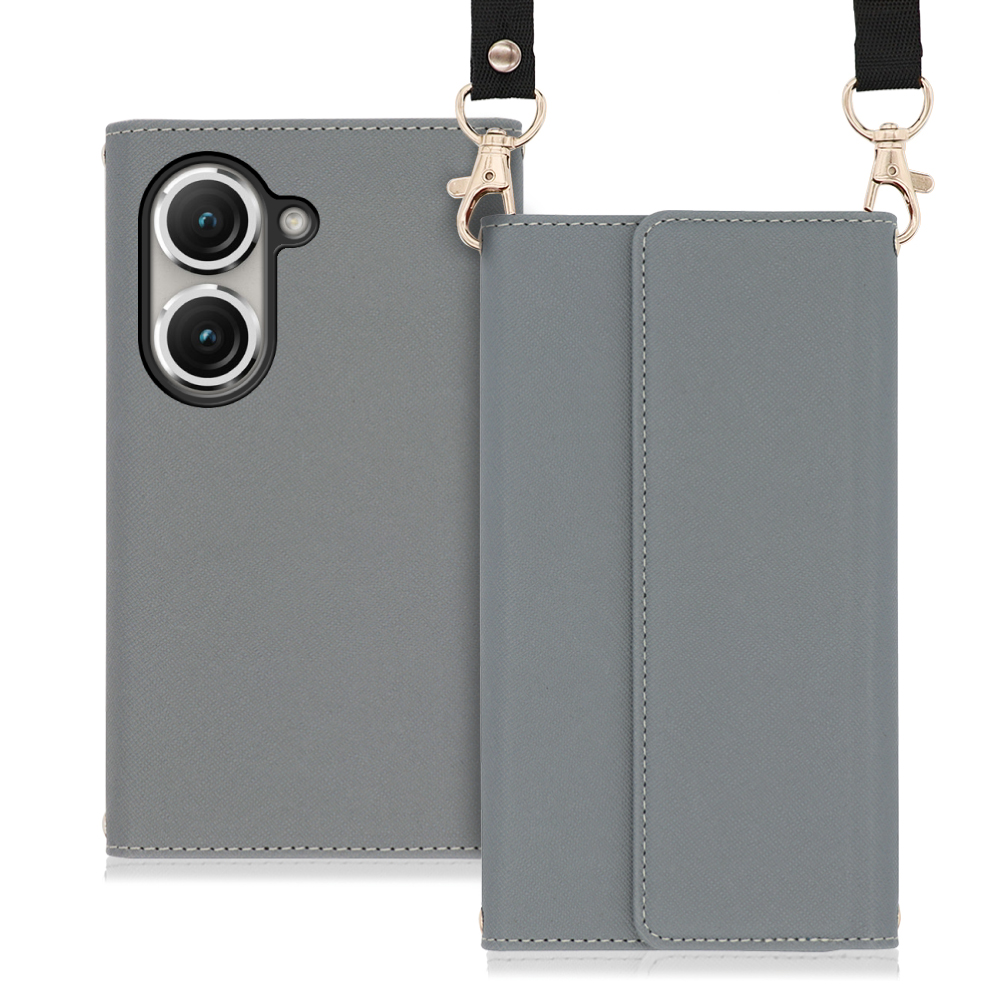 LOOF Strap Series Zenfone 9 用 [グレー] 両手が使える ネックストラップ  手帳型ケース ショルダー ロングストラップ付きケース カード収納 幅広ポケット