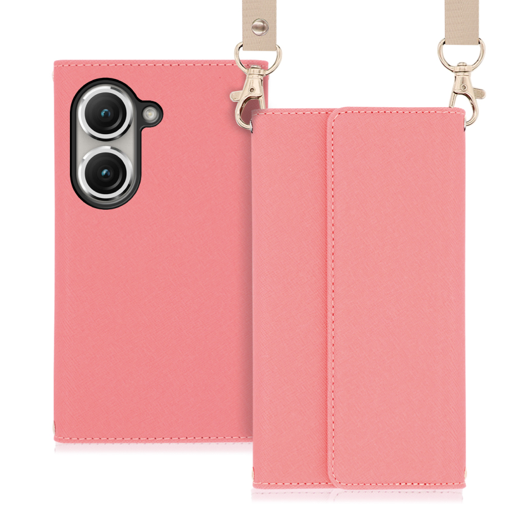 LOOF Strap Series Zenfone 9 用 [ピンク] 両手が使える ネックストラップ  手帳型ケース ショルダー ロングストラップ付きケース カード収納 幅広ポケット