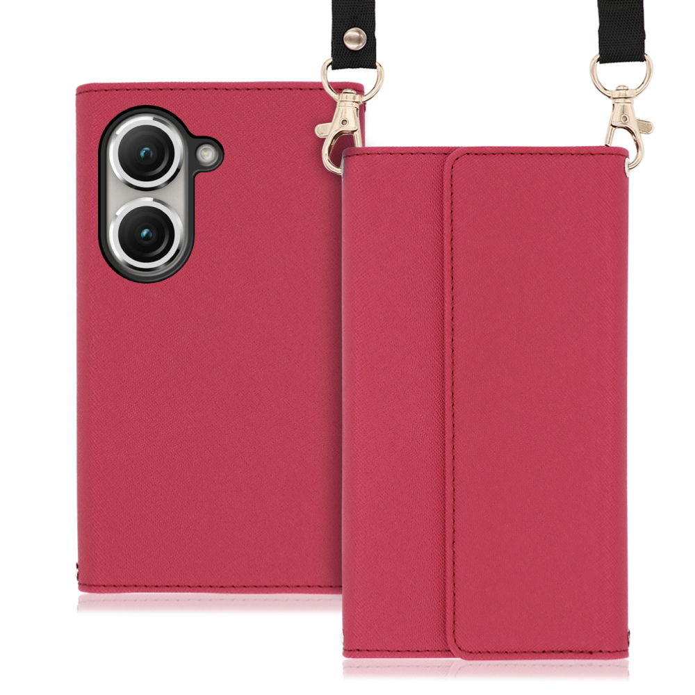 LOOF Strap Series Zenfone 9 用 [ダスティローズ] 両手が使える ネックストラップ 手帳型ケース ショルダー ロングストラップ付きケース カード収納 幅広ポケット