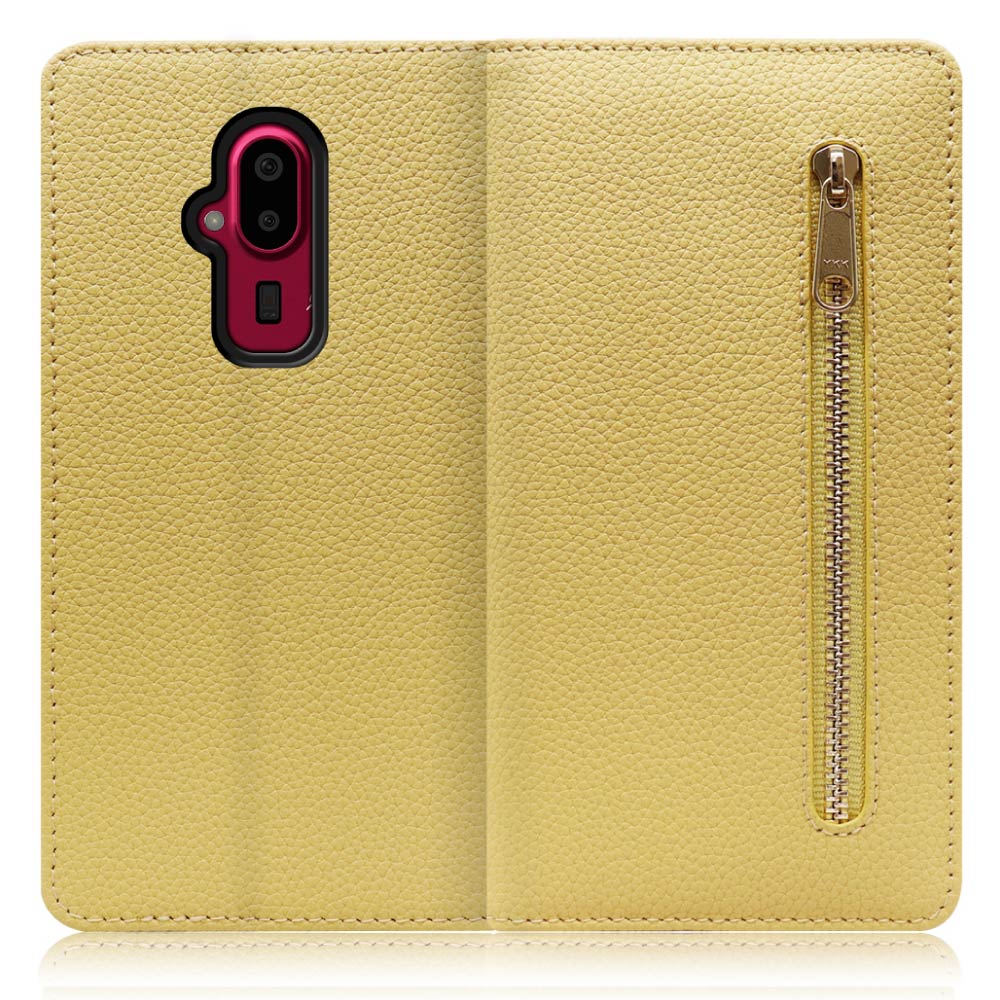 LOOF POCKET Series FUJITSU らくらくスマートフォン F-52B 用 [ジャスミンイエロー] 厳選本革 カード収納付き ベルト無し ファスナー ポケット付き 手帳型ケース