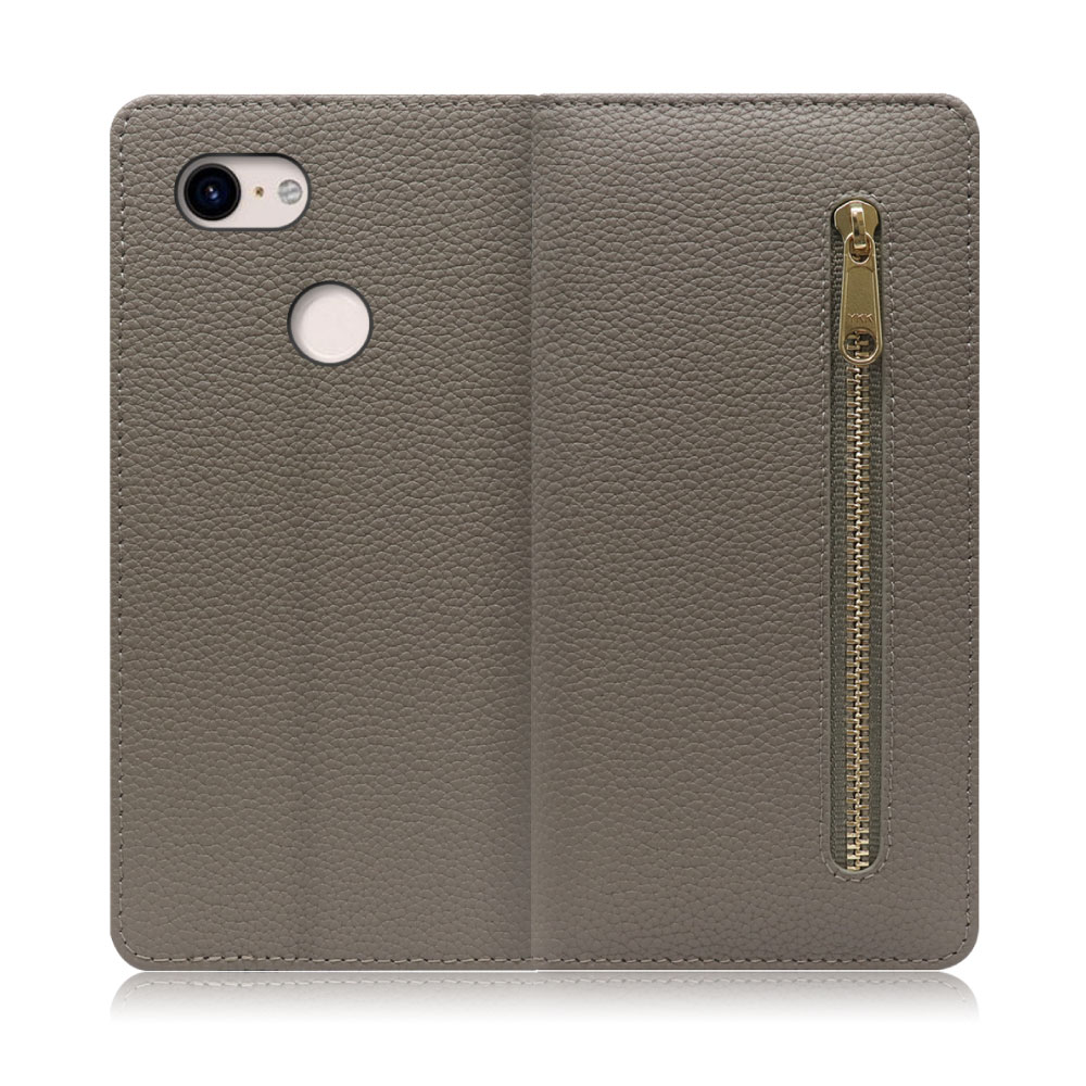 LOOF POCKET Series Google Pixel 3 用 [グレージュ] 厳選本革 カード収納付き ベルト無し ファスナー ポケット付き 手帳型ケース