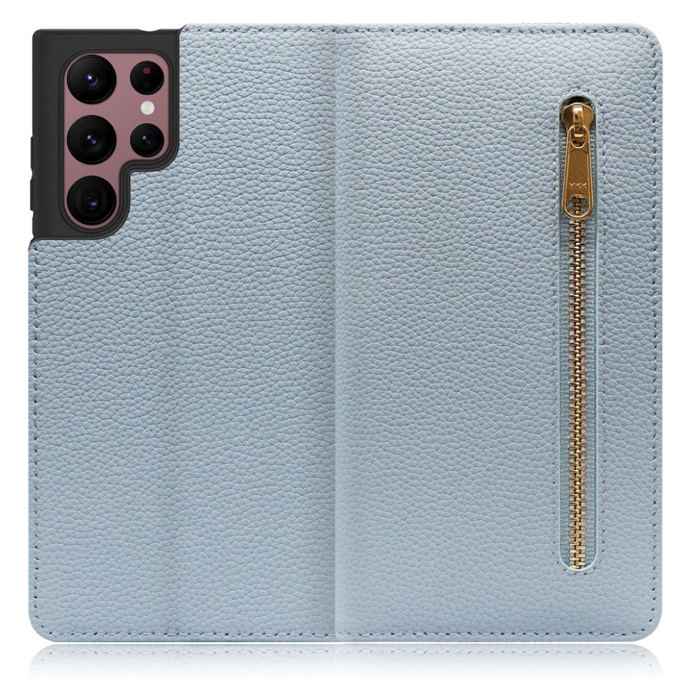 LOOF POCKET Series Galaxy S22 Ultra SC-52C / SCG14 用 [スカイブルー] 厳選本革 カード収納付き ベルト無し ファスナー ポケット付き 手帳型ケース