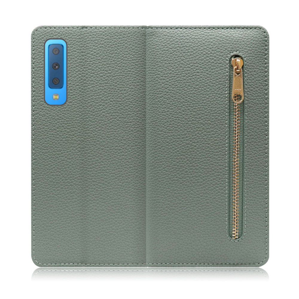 LOOF POCKET Series Galaxy A7 / SM-A750C 用 [ダルグリーン] 厳選本革 カード収納付き ベルト無し ファスナー ポケット付き 手帳型ケース