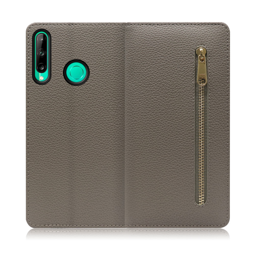 LOOF POCKET Series HUAWEI P40 lite E 用 [グレージュ] 厳選本革 カード収納付き ベルト無し ファスナー ポケット付き 手帳型ケース