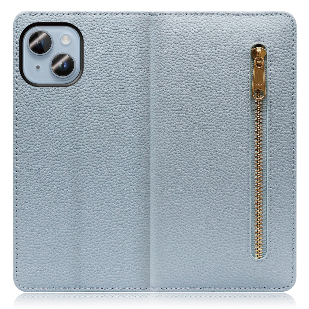 LOOF Pocket Series iPhone 14 Plus 用 [スカイブルー] 厳選本革 カード収納付き ベルト無し ファスナー ポケット付き 手帳型ケース