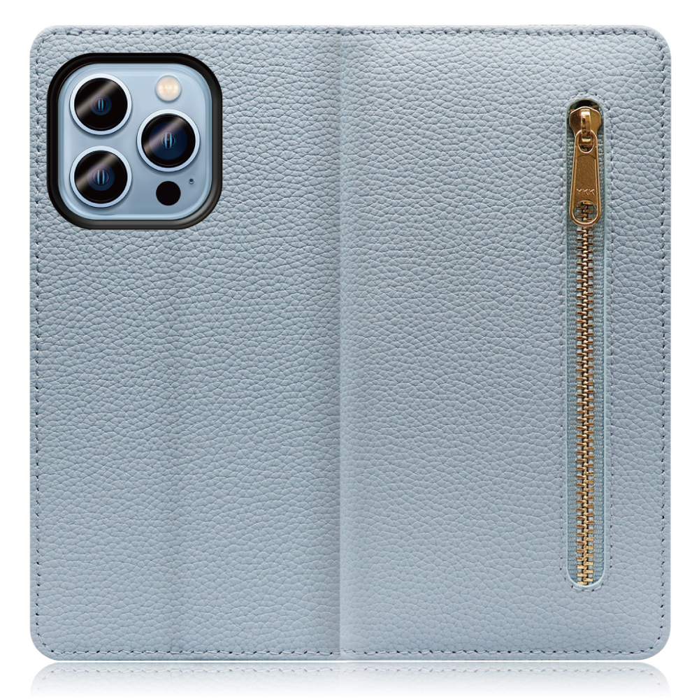 LOOF Pocket Series iPhone 14 Pro Max 用 [スカイブルー] 厳選本革 カード収納付き ベルト無し ファスナー ポケット付き 手帳型ケース