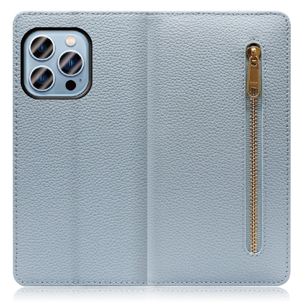 LOOF POCKET Series iPhone 13 Pro 用 [スカイブルー] 厳選本革 カード収納付き ベルト無し ファスナー ポケット付き 手帳型ケース