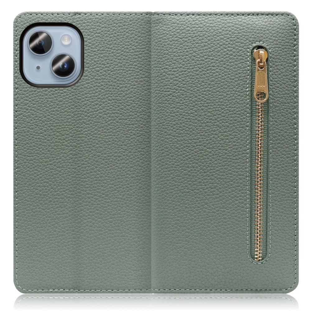 LOOF Pocket Series iPhone 14 Plus 用[ダルグリーン] 厳選本革 カード収納付き ベルト無し ファスナー ポケット付き 手帳型ケース