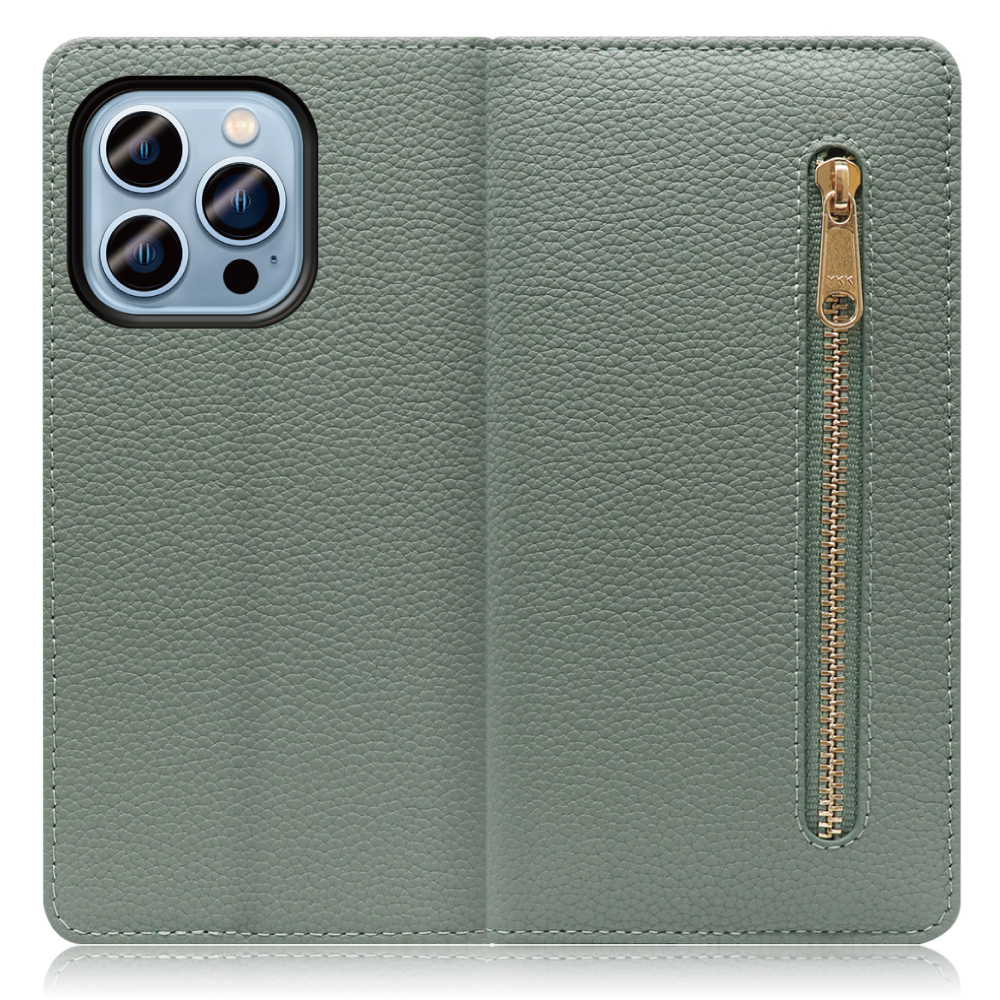 LOOF Pocket Series iPhone 14 Pro Max 用[ダルグリーン] 厳選本革 カード収納付き ベルト無し ファスナー ポケット付き 手帳型ケース