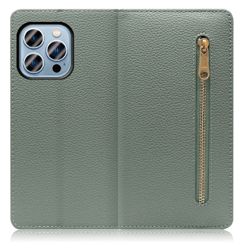LOOF POCKET Series iPhone 13 Pro 用 [ダルグリーン] 厳選本革 カード収納付き ベルト無し ファスナー ポケット付き 手帳型ケース