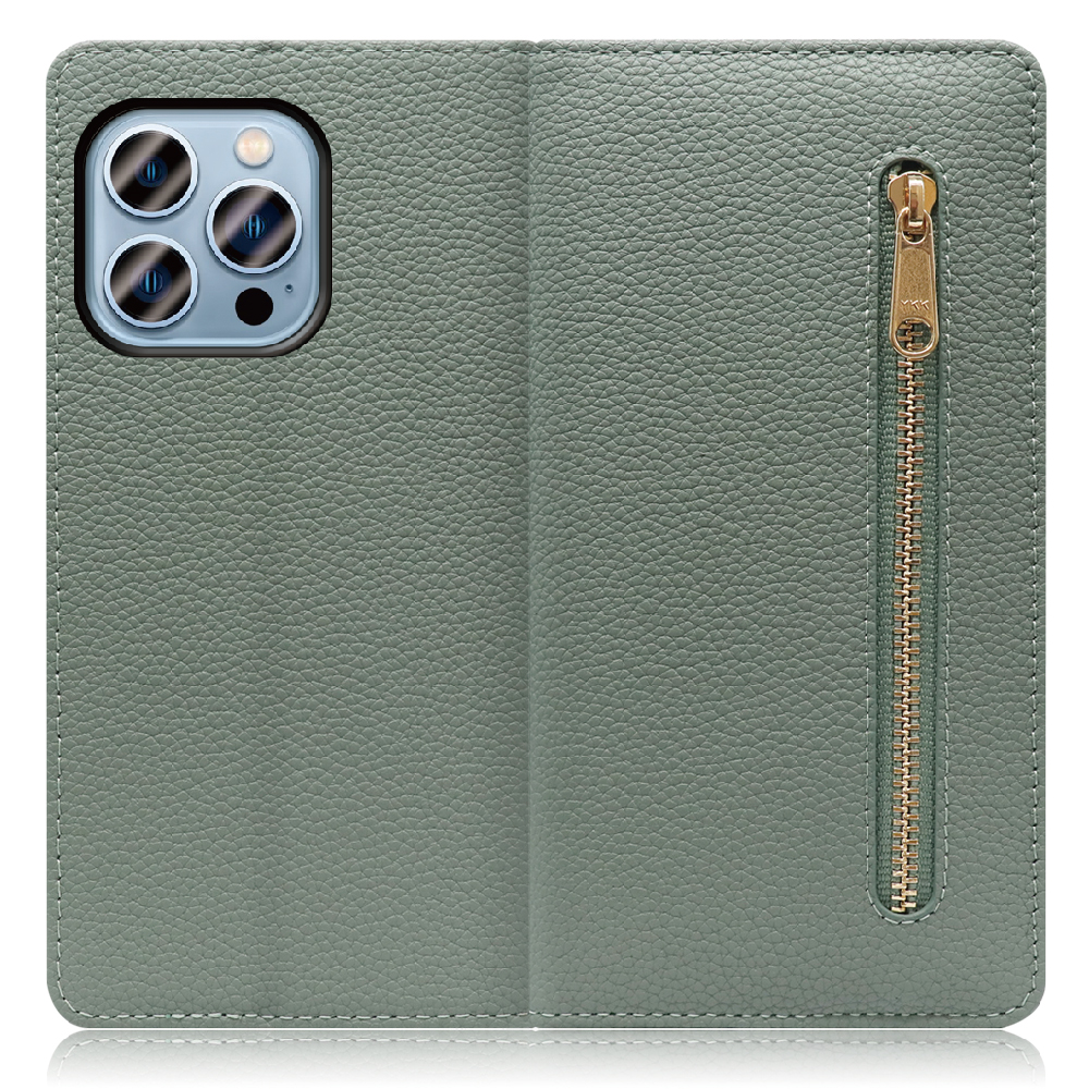 LOOF POCKET Series iPhone 13 Pro 用 [ダルグリーン] 厳選本革 カード収納付き ベルト無し ファスナー ポケット付き 手帳型ケース